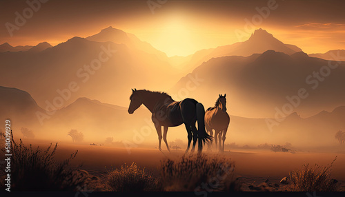 Majestic Wild Horses Galloping in a Misty Sunrise Landscape Created Using Generative Ai