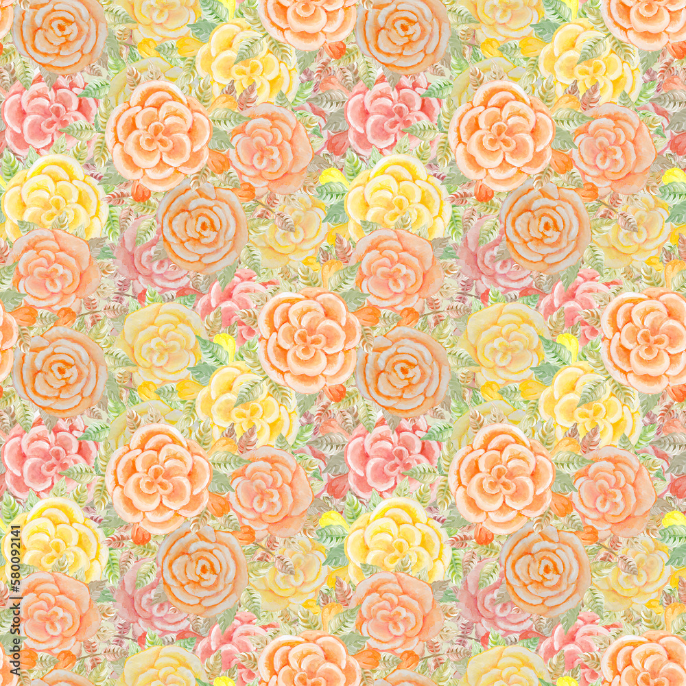 Fototapeta premium Delicate seamless pattern with yellow and pink roses painted in watercolor.