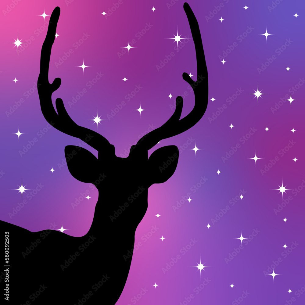 Deer on the background of the starry sky at night. The shadow of a deer. Deer on the background of the starry sky at night. The shadow of a deer.