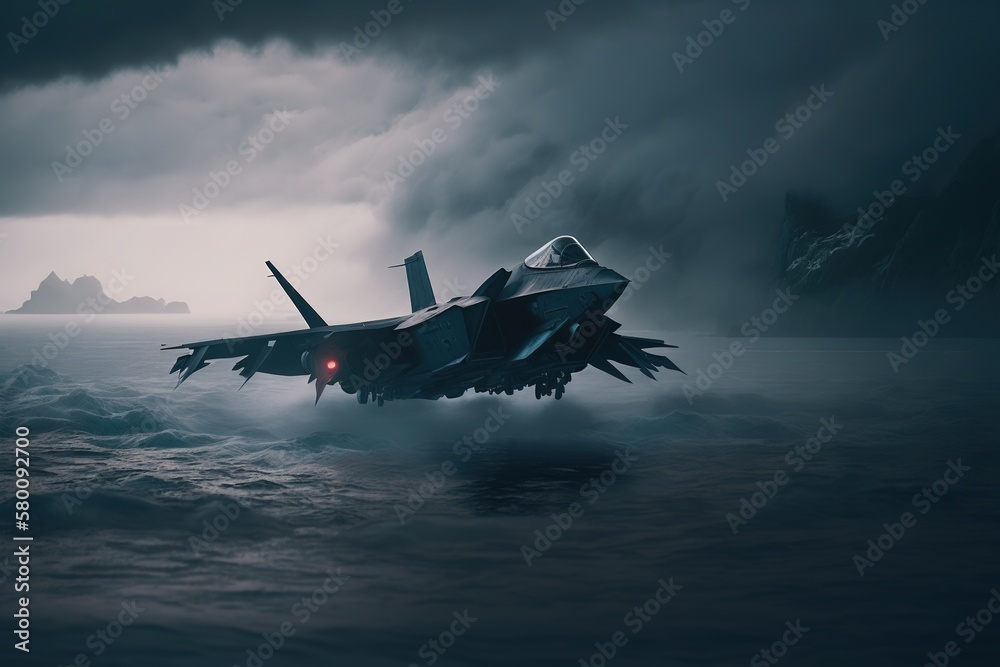 Raptor fighter Close-up shot. Raptor fighter jet flying over the Ocean ...