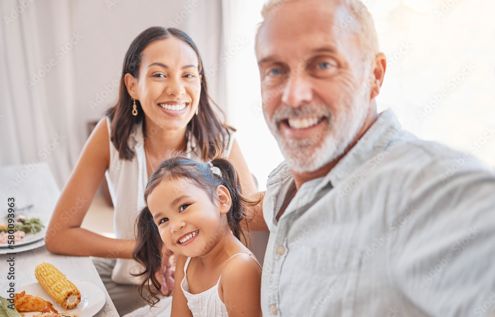 Selfie, family and generations with love and smile in portrait with grandfather, mother and child in picture. Meal time with food, care and bonding with happy family, diversity and relatives together Selfie, family and generations with love and smile in portrait with grandfather, mother and child in picture. Meal time with food, care and bonding with happy family, diversity and relatives together