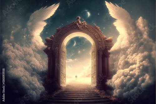 Heaven fantasy gate with bird's wing in the colorful skyline. Concept of luxurious fantasy bright light walking through successful way in freedom life. Finest generative AI.