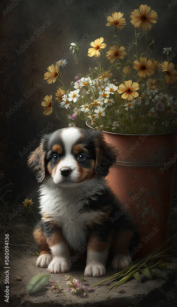 Photorealistic Painting of Puppy and Flowers Created Using Generative Ai