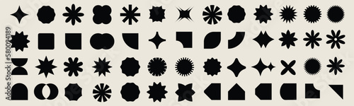 Brutalist abstract geometric shapes. Y2K Geometric design element shapes. Figures, stars, spiral flower and circles. Bauhaus memphis design geometric silhouette elements design.