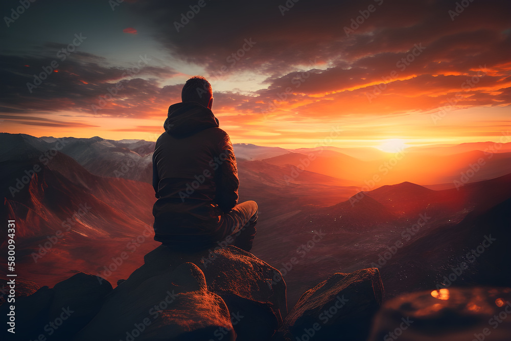 Man sitting at top of mountain as sun begins to set. Success Business Leadership. Goals, hopes and aspirations concept. Male silhouette on sunrise mountain background / Generative AI 