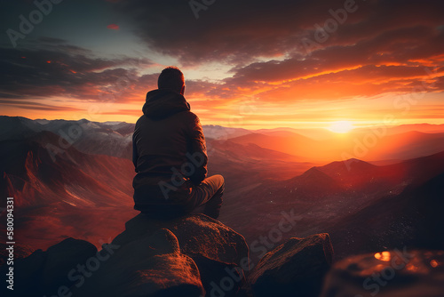 Man sitting at top of mountain as sun begins to set. Success Business Leadership. Goals  hopes and aspirations concept. Male silhouette on sunrise mountain background   Generative AI 