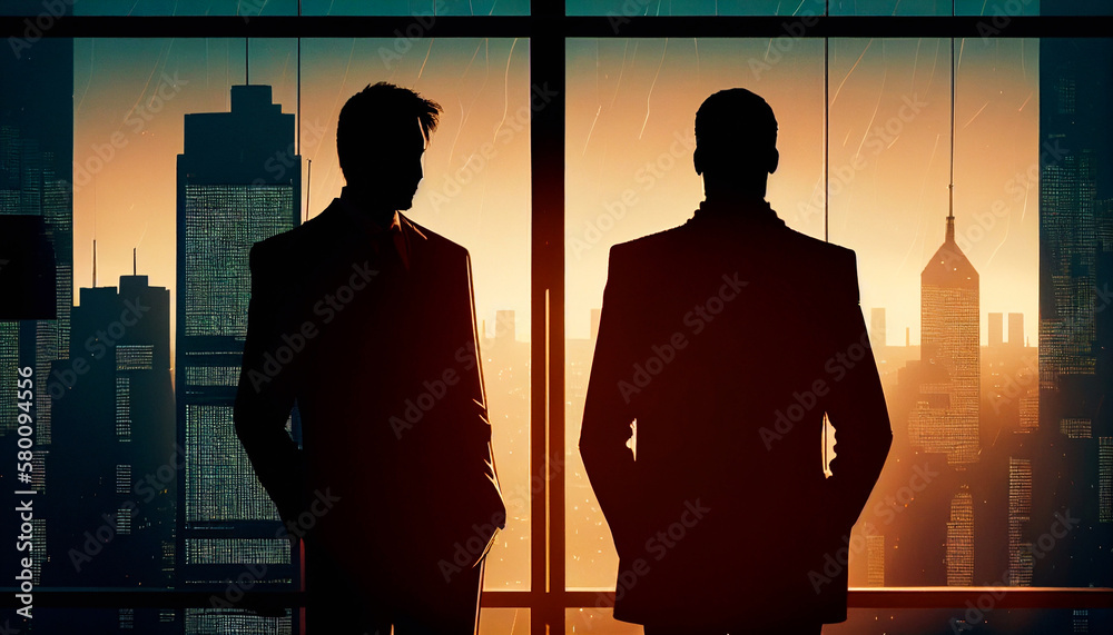 Two young business men in suits stand in the office near the window, look at the city and has a conversation , Generative AI