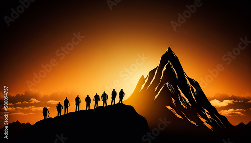 Silhouettes group businessman climbing on mountain at sunset. Help and assistance concept. , Generative AI