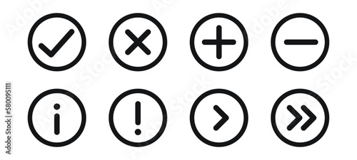 Check, uncheck, plus, minus, forward, exclamation, information icons set