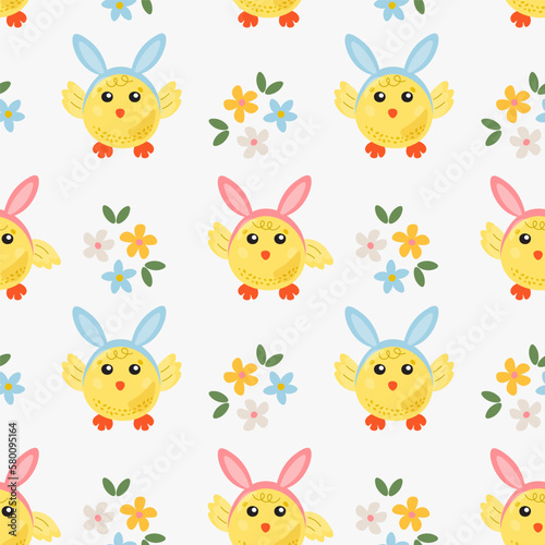 Funny yellow chickens with Bunny Hears in different poses seamless pattern Cartoon Easter chick seamless pattern for design of the cover, product packaging, advertising banner, postcard, printing