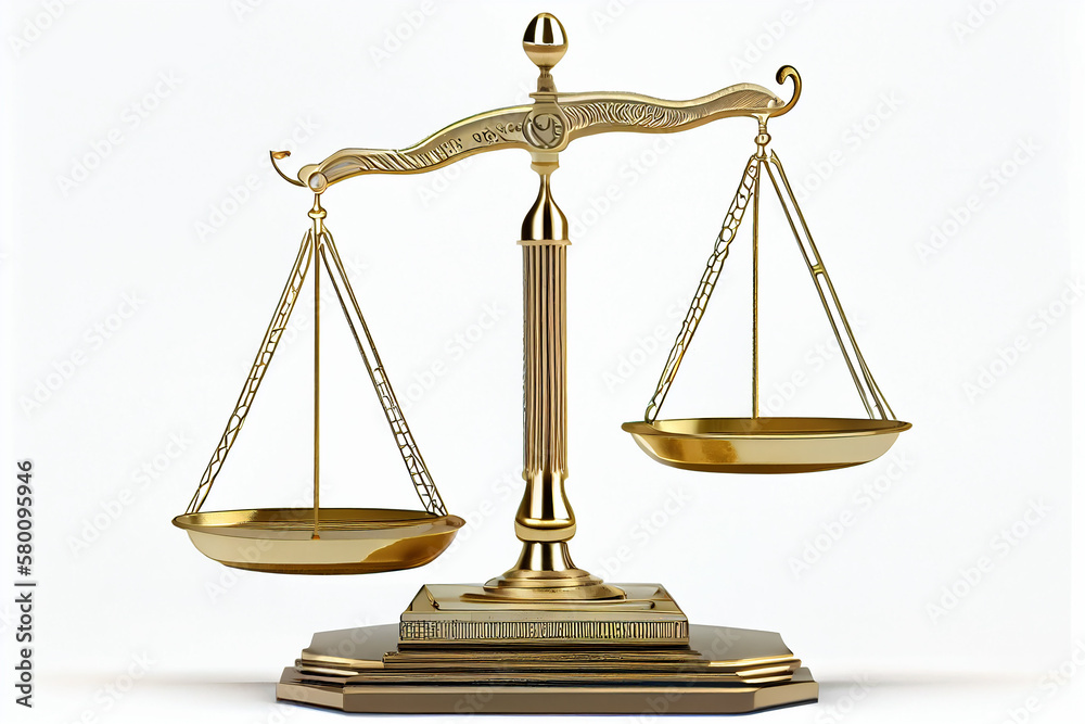 Gold brass balance scale isolated on white background. Sign of justice, lawyer Generative Ai. Gold brass balance scale isolated on white background. Sign of justice, lawyer Generative Ai.