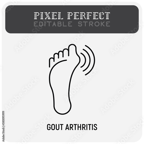Gout arthritis on foot, joint inflammation thin line icon. Osteoarthritis. Pixel perfect, editable stroke. Vector illustration. photo