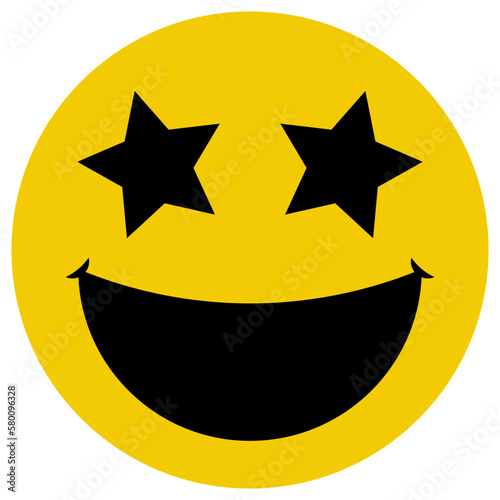 Happy face icon with star eyes, yellow color flat style vector design, funny concept, laughing element object, isolated on white background.
