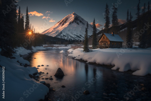 A snowy mountain landscape  with a crystal-clear river running through the middle  and a small wooden cabin nestled among the trees