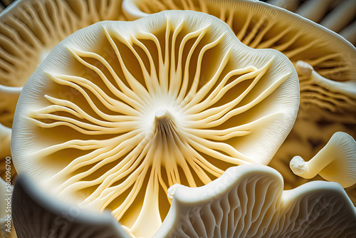 Close-up of farmed King Oyster Mushroom. Generative Ai.  Farmed mushroom, gourmet food, natural, organic, vegetarian, vegan.