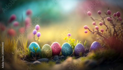 Mini colourful eggs in wildflower meadow