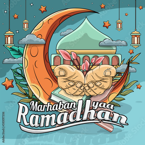 Illustration of cute cartoon Islamic greeting Marhaban ya Ramadhan