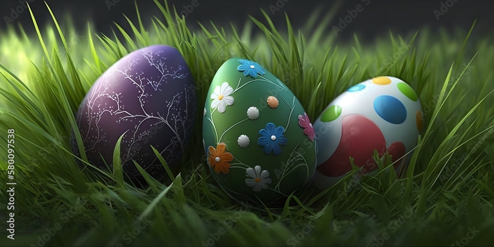Painted Easter eggs in the grass, generative ai image Painted Easter eggs in the grass, generative ai image