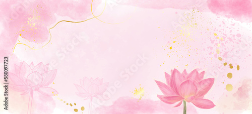 Luxury pink wallpaper design with lotus flowers, line art, golden texture. Floral vector watercolor background. Elegant gold blossom flowers illustration for fabric, prints, cover.