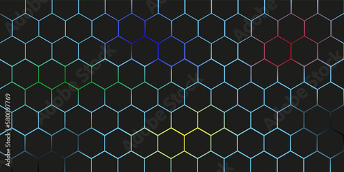 Abstract dark hexagon pattern on red blue yellow and green neon tech style background. Modern futuristic geometric shape web banner design.