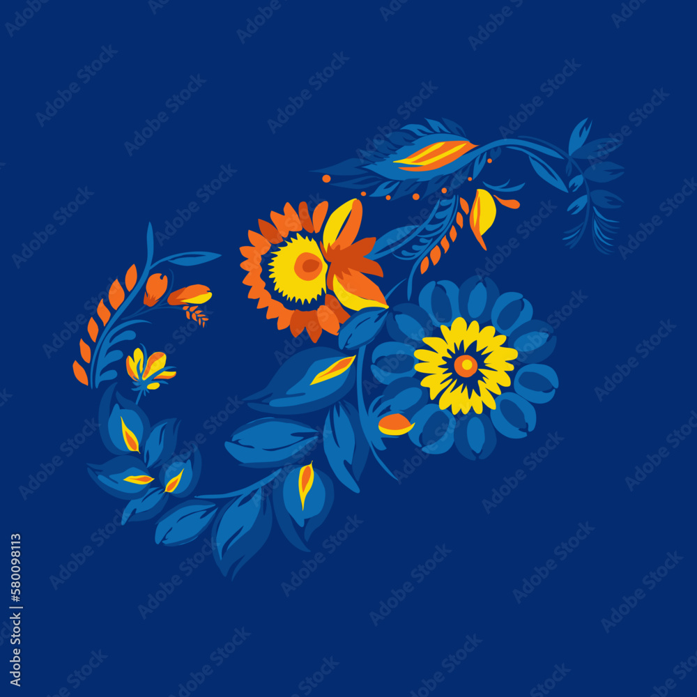 Obraz premium Traditional Ukrainian painting of Petrykivka. Elements of blue and yellow floral ornament. Decorative composition.
