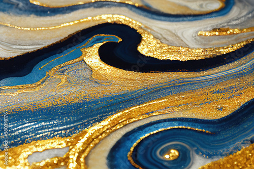 Blue and golden acrylic liquid ink swirl abstract background with ravishing turbulence wavy pattern and detailed texture. Luxury fluid liquid art by Generative AI.