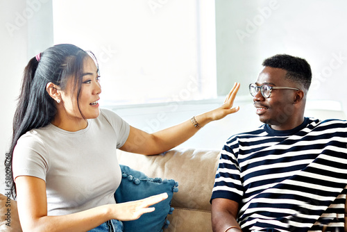 woman friendship fun friend relaxing smiling lifestyle happy chatting talking man people cheerful laughing multiracial multiethnic © Lumos sp