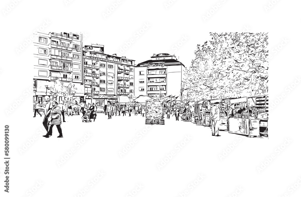 Building view with landmark of Pristina is the capital and largest city in Kosovo.. Hand draw sketch illustration in vector.
