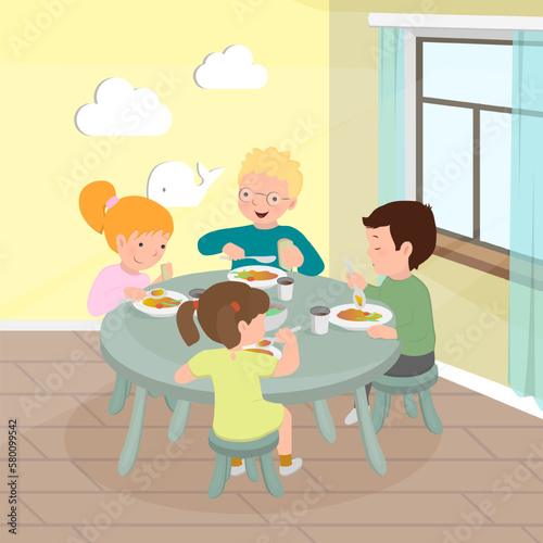 Happy children eat in kindergarten. Two girls and two boys at the table. Kids nutrition concept. Vector illustration for banner, poster, website, flyer.