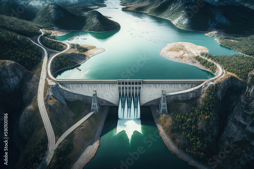 Hydroelectric dam aerial view. Generative AI