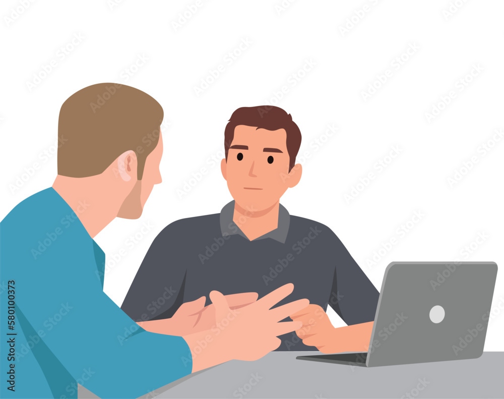 People talking at workplace. Office workers colleagues communication. Employees working under business project together, sitting at table People talking at workplace. Office workers colleagues communication. Employees working under business project together, sitting at table