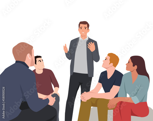 Group therapy session. Different people sitting in circle and talking. concept of group therapy counseling psychology, help, conversation