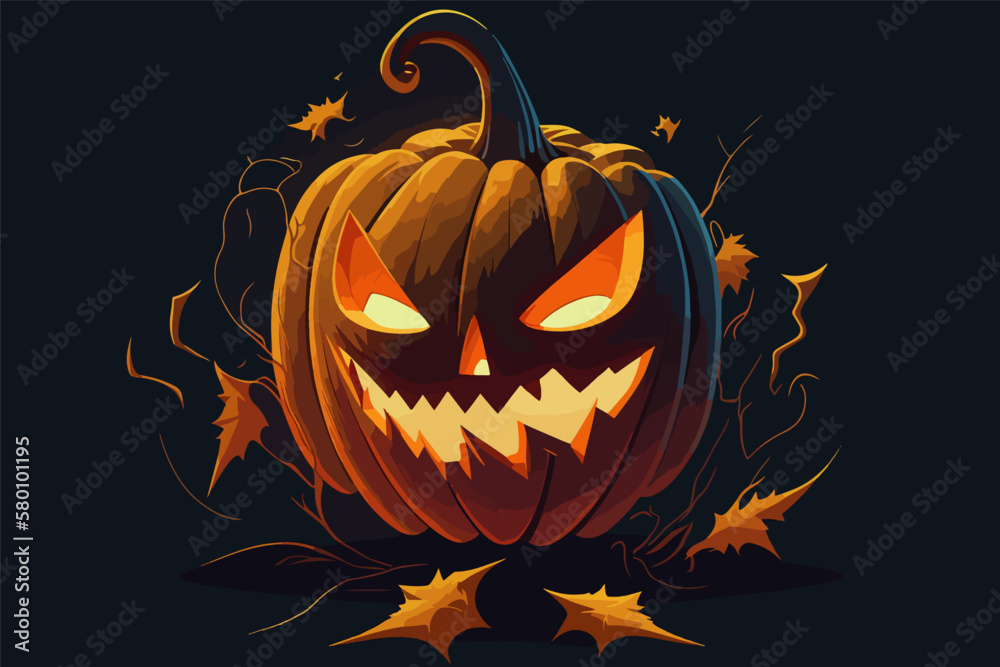 Spooky scary Halloween pumpkin, 2d vector illustration.