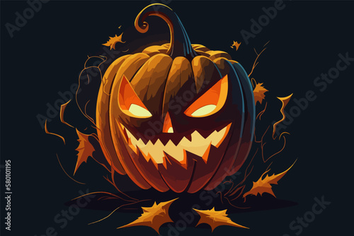 Spooky scary Halloween pumpkin, 2d vector illustration.