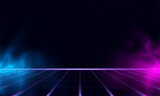 Synthwave vaporwave retrowave cyber background with copy space, laser grid, starry sky, blue and purple glows with smoke and particles. Design for poster, cover, wallpaper, web, banner, etc. 