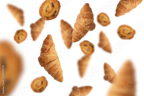 Wallpaper Mural Falling fresh baked croissants with cheese. French pastry concept. Bakery pattern with baked croissant. Fresh baked croissants. Torontodigital.ca