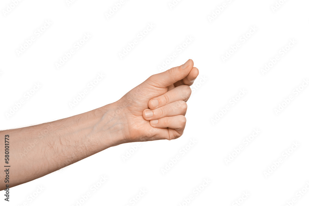Male hand fingers are closed, as if holding a bank card, isolate. Male hand fingers are closed, as if holding a bank card, isolate.