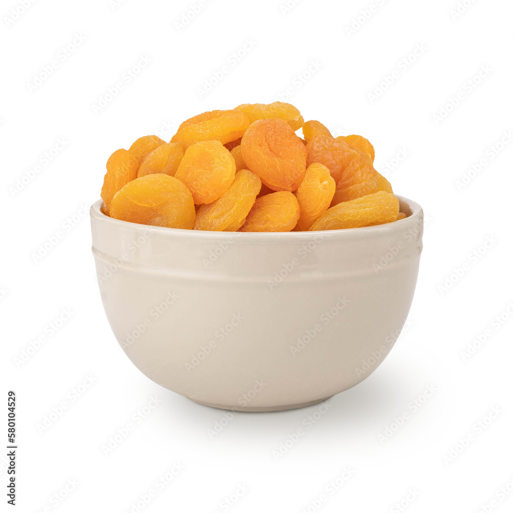 Bowl of dried apricots, isolated on white background. Clipping mask. Bowl of dried apricots, isolated on white background. Clipping mask.