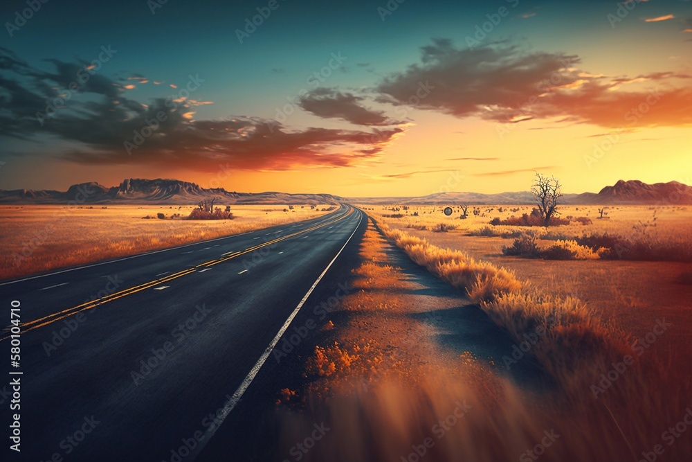 Highway road surrounded by dried grass fields under a sky during sunset. Generative AI