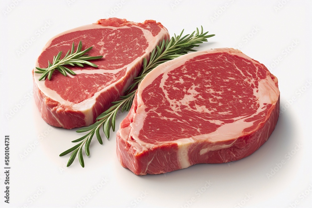 Closeup raw rib eye steak isolated on white background. Generative AI Closeup raw rib eye steak isolated on white background. Generative AI