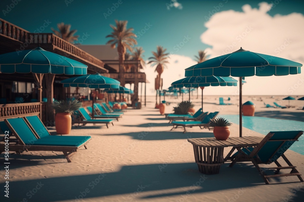 Umbrellas and sunbeds at tropical beach. Generative AI
