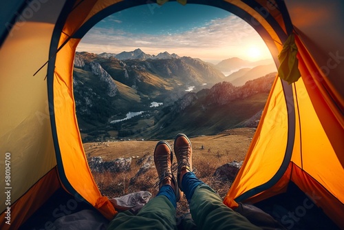 Legs of a tourist sticking out of a tent overlooking the green mountains at sunrise. Generative AI