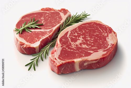 Closeup raw rib eye steak isolated on white background. Generative AI