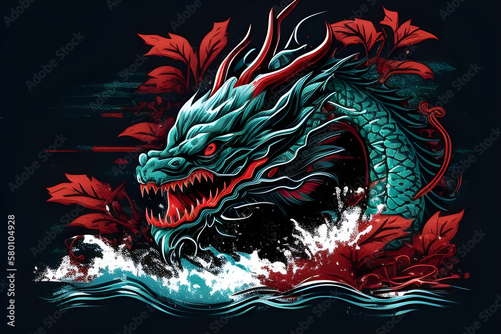 Chinese dragon flying in dark sky on the wave background / Generative AI