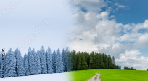 Jahreszeitwechsel von Winter zu Sommer in einer Landschaft