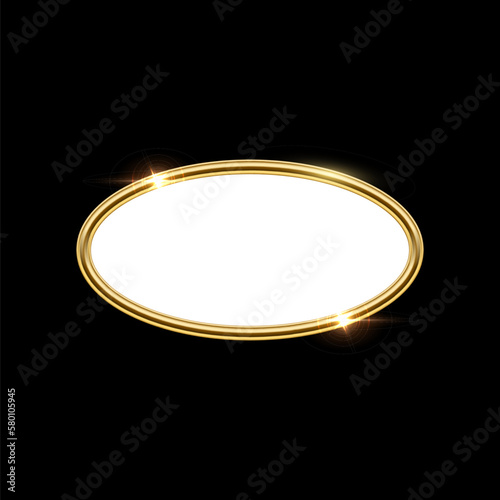 3d plate button of ellipse shape with golden frame vector illustration. Realistic isolated website element, golden glossy label for game UI, badge of navigation menu with shiny light effect border
