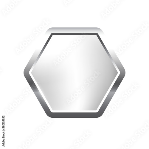 Silver hexagon button with frame vector illustration. 3d steel glossy elegant design for empty emblem, medal or badge, shiny and gradient light effect on plate isolated on white background