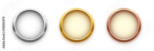 Award golden, silver and bronze blank medals 3d realistic illustration. First, second and third place medals or buttons isolated on black background. Certified. Quality blank, empty badge, emblem set