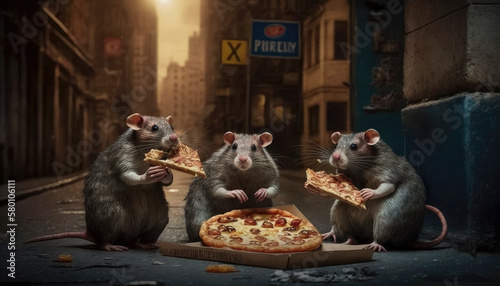 Generative AI illustration from rats eating pizza in town street