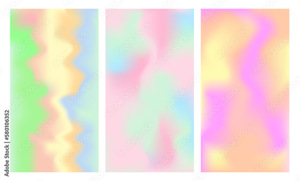 Set with a contrasting blurred background. Pastel tones. Salad, blue, pink and yellow. Suitable as a template for social media and other graphic designs. Gradient.